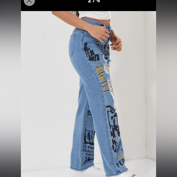 SHEIN High Waisted Straight Leg Distressed Graphic Jeans - Picture 2 of 9